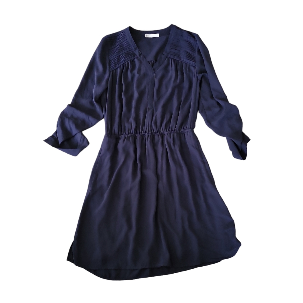 EUC DR2 women's ruffled shoulder adjustable sleeve mini dress, S, navy, lined - Picture 3 of 8